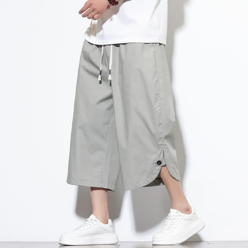 Buddha Stones Pantalon harem d'été décontracté pour homme, en coton uni, avec cordon de serrage, fentes latérales et poches. - Gris clair - US/UK/AU48，EU58(5XL) - image 18