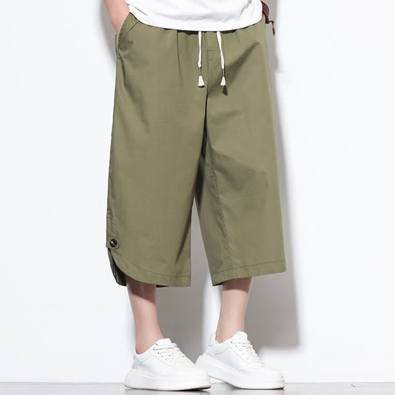 Buddha Stones Pantalon harem d'été décontracté pour homme, en coton uni, avec cordon de serrage, fentes latérales et poches. - image 7