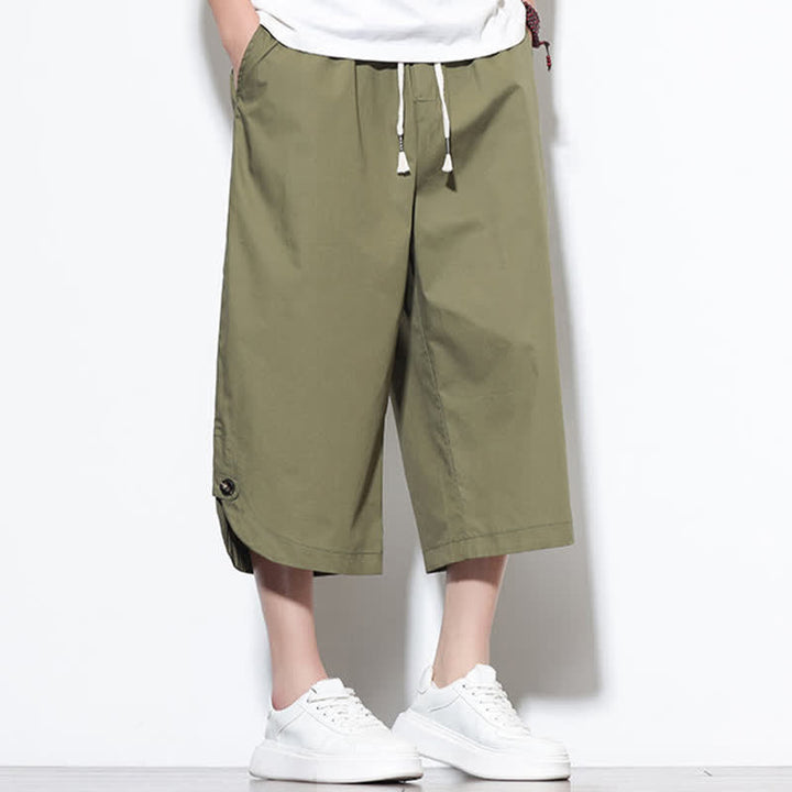 Buddha Stones Pantalon harem d'été décontracté pour homme, en coton uni, avec cordon de serrage, fentes latérales et poches. - image 7