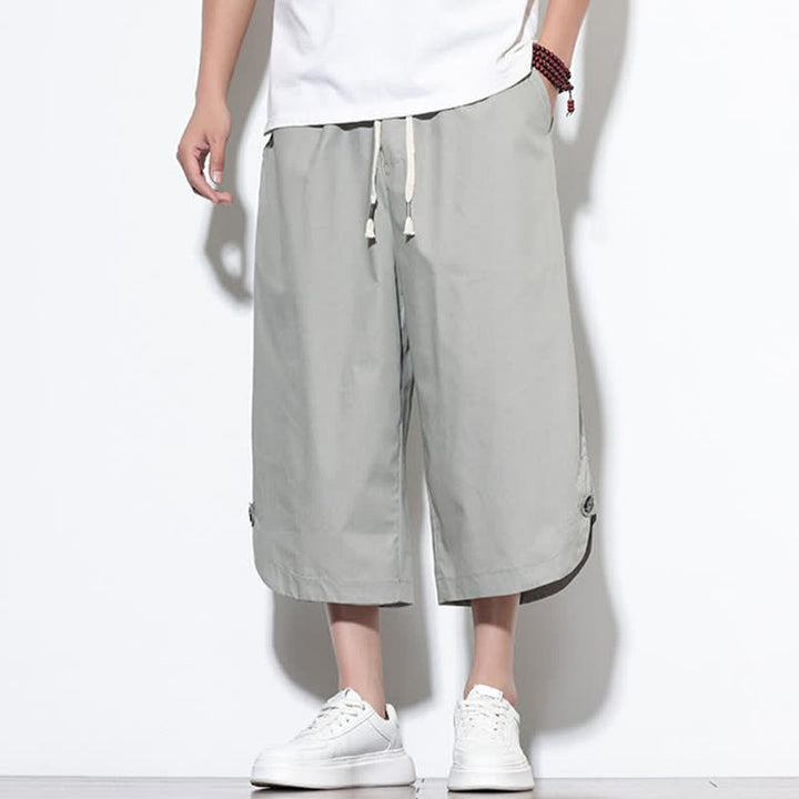 Buddha Stones Pantalon harem d'été décontracté pour homme, en coton uni, avec cordon de serrage, fentes latérales et poches. - image 22