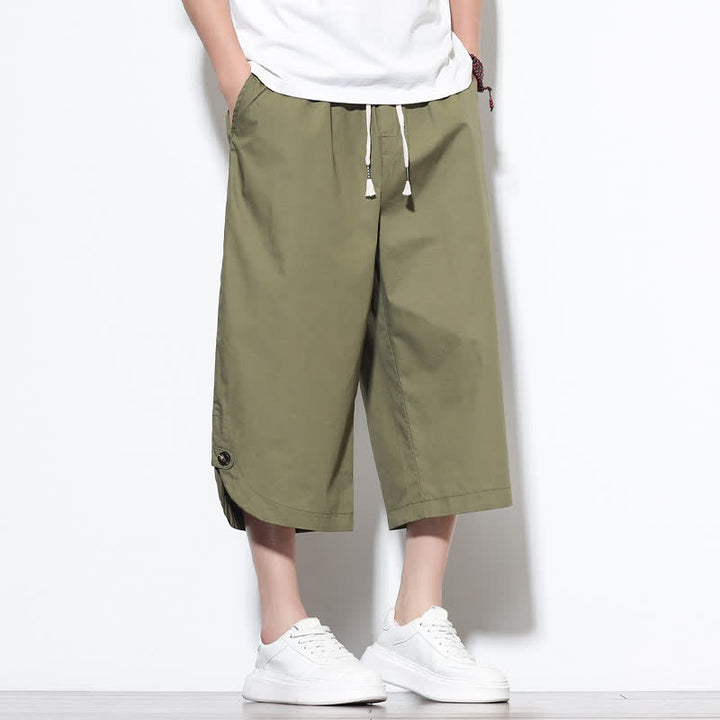 Buddha Stones Pantalon harem d'été décontracté pour homme, en coton uni, avec cordon de serrage, fentes latérales et poches. - image 8