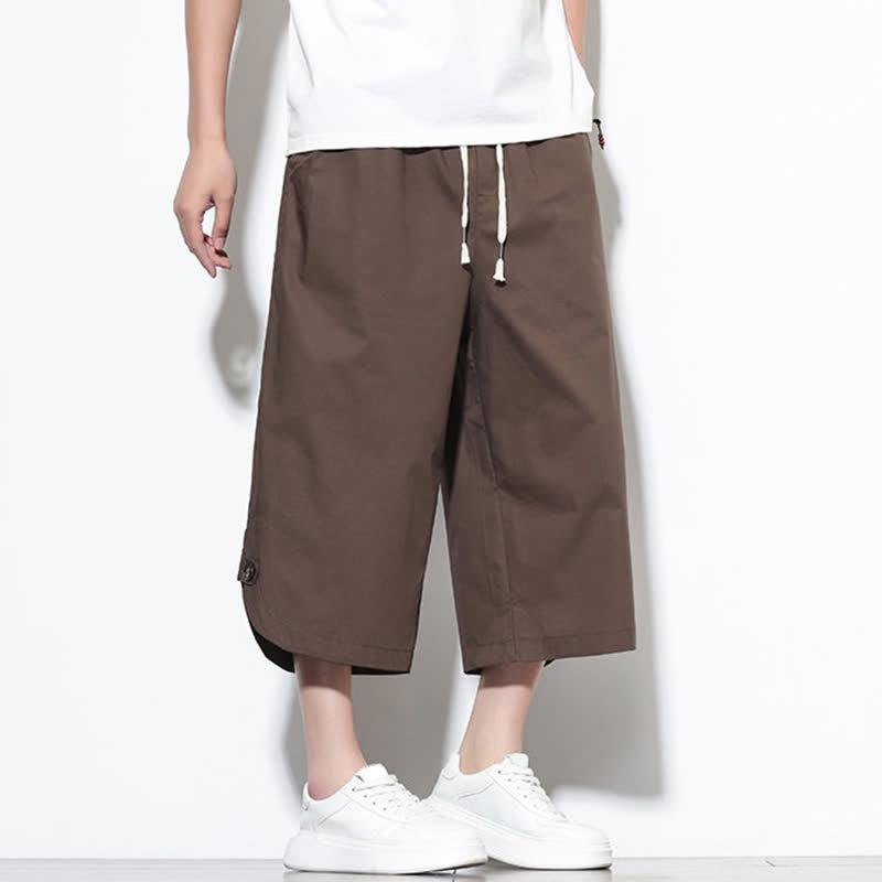 Buddha Stones Pantalon harem d'été décontracté pour homme, en coton uni, avec cordon de serrage, fentes latérales et poches. - image 39