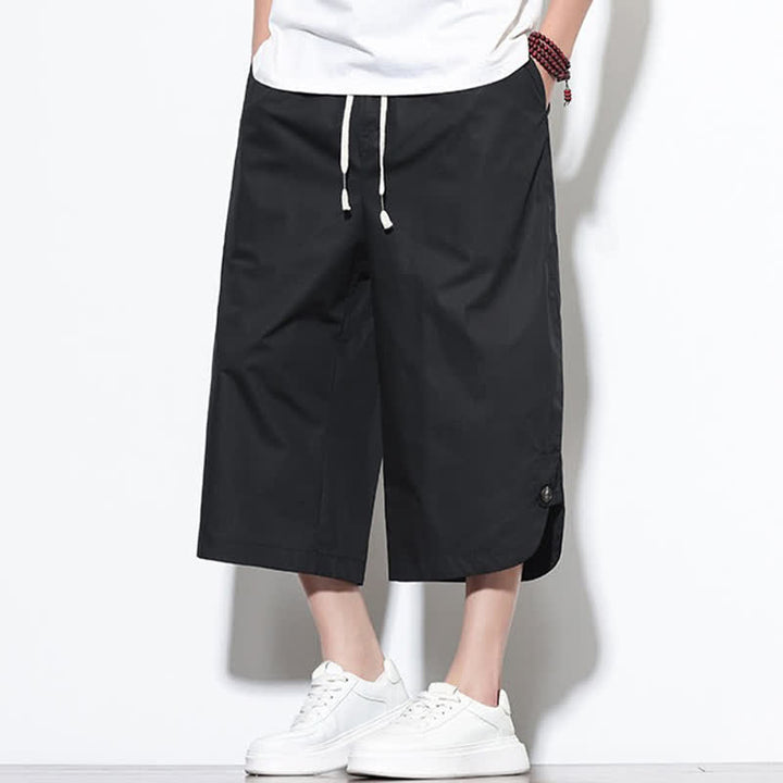 Buddha Stones Pantalon harem d'été décontracté pour homme, en coton uni, avec cordon de serrage, fentes latérales et poches. - image 15