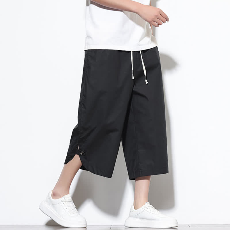 Buddha Stones Pantalon harem d'été décontracté pour homme, en coton uni, avec cordon de serrage, fentes latérales et poches. - image 17