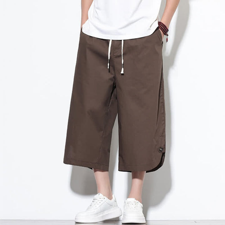 Buddha Stones Pantalon harem d'été décontracté pour homme, en coton uni, avec cordon de serrage, fentes latérales et poches. - image 36