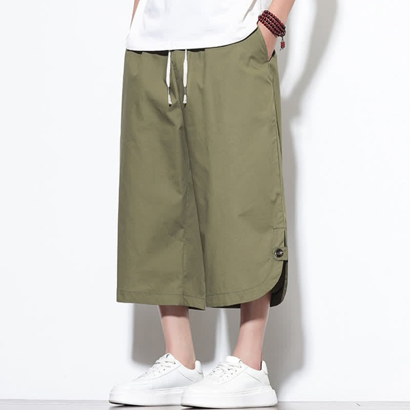 Buddha Stones Pantalon harem d'été décontracté pour homme, en coton uni, avec cordon de serrage, fentes latérales et poches. - image 1