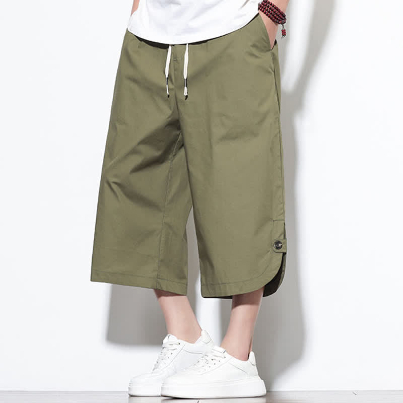 Buddha Stones Pantalon harem d'été décontracté pour homme, en coton uni, avec cordon de serrage, fentes latérales et poches. - image 5