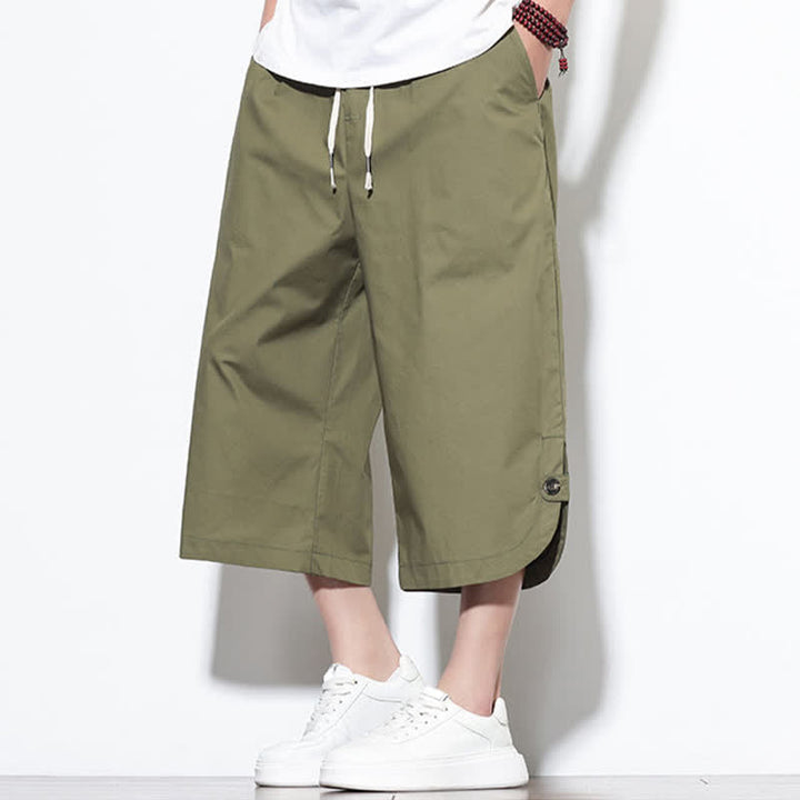 Buddha Stones Pantalon harem d'été décontracté pour homme, en coton uni, avec cordon de serrage, fentes latérales et poches. - image 5