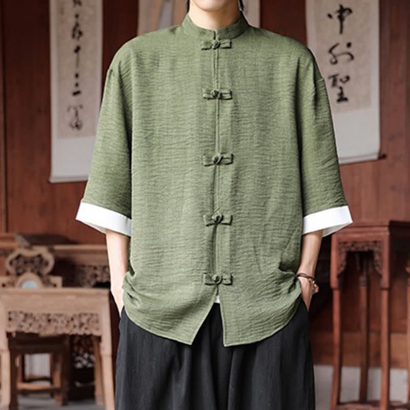 Buddha Stones Chemises d'été pour hommes, style Tang, col mandarin, boutons brandebourg, manches trois-quarts, couleur unie. - Vert olive - US/UK/AU46，EU56 (5XL) - image 0