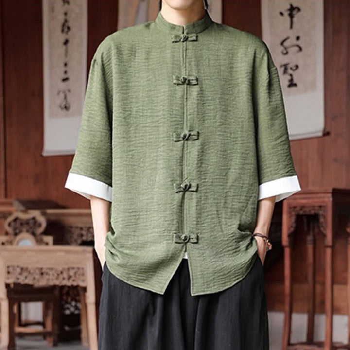 Buddha Stones Chemises d'été pour hommes, style Tang, col mandarin, boutons brandebourg, manches trois-quarts, couleur unie. - Vert olive - US/UK/AU46，EU56 (5XL) - image 0