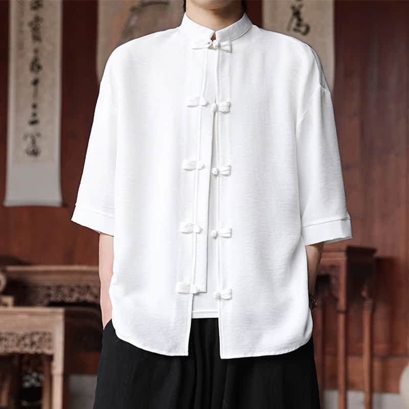 Buddha Stones Chemises d'été pour hommes, style Tang, col mandarin, boutons brandebourg, manches trois-quarts, couleur unie. - Blanc - US/UK/AU46，EU56 (5XL) - image 6