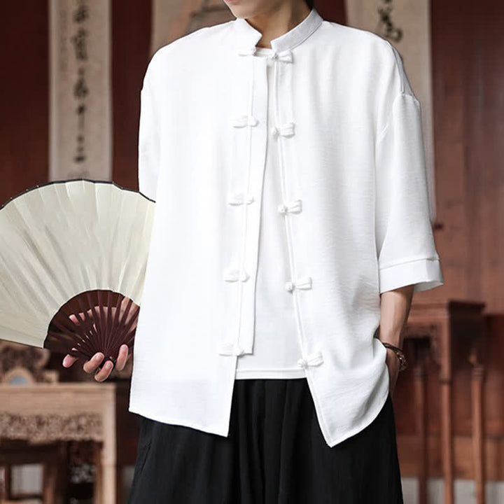 Buddha Stones Chemises d'été pour hommes, style Tang, col mandarin, boutons brandebourg, manches trois-quarts, couleur unie. - image 8