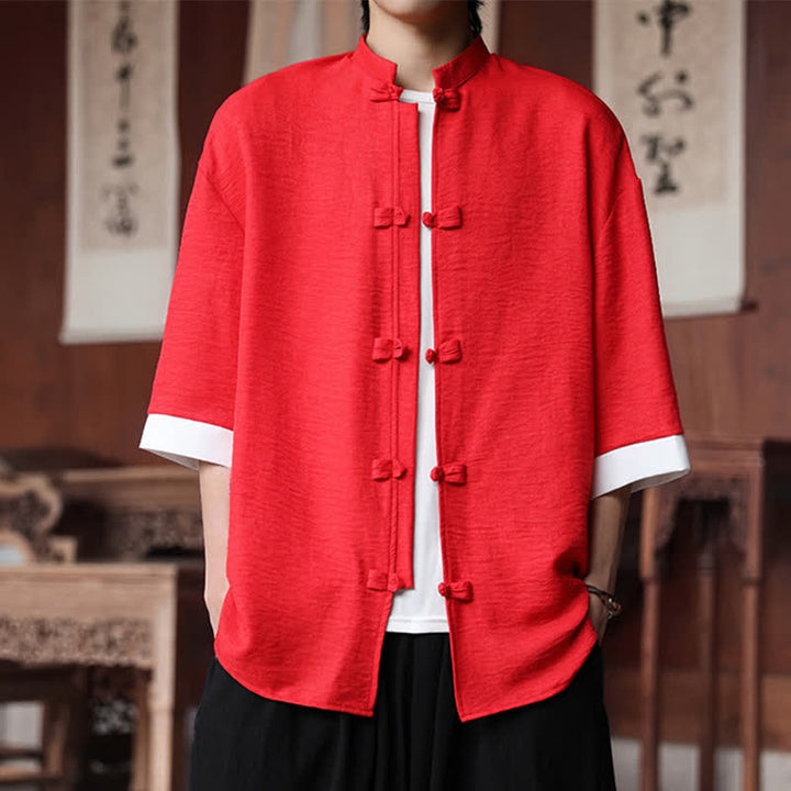 Buddha Stones Chemises d'été pour hommes, style Tang, col mandarin, boutons brandebourg, manches trois-quarts, couleur unie. - Cramoisi - US/UK/AU46，EU56 (5XL) - image 22