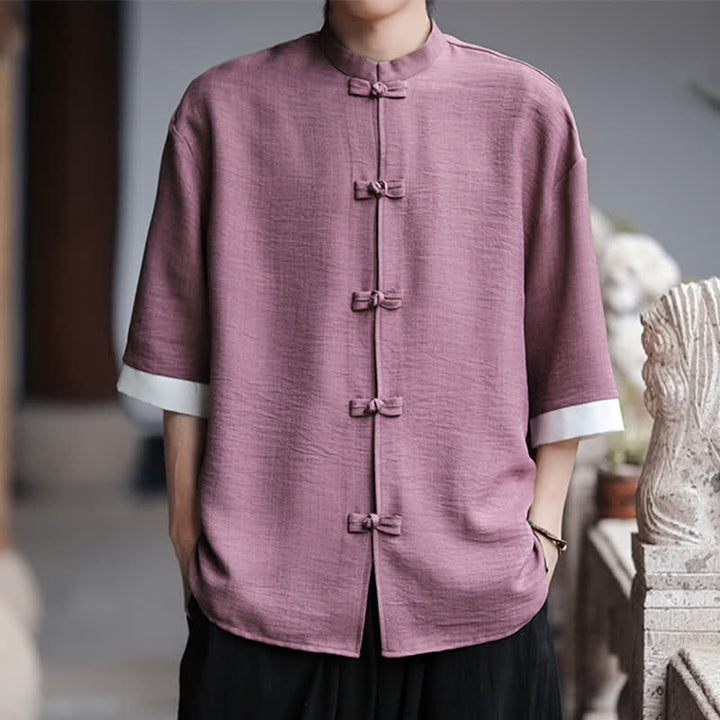 Buddha Stones Chemises d'été pour hommes, style Tang, col mandarin, boutons brandebourg, manches trois-quarts, couleur unie. - Prune - US/UK/AU46，EU56 (5XL) - image 15