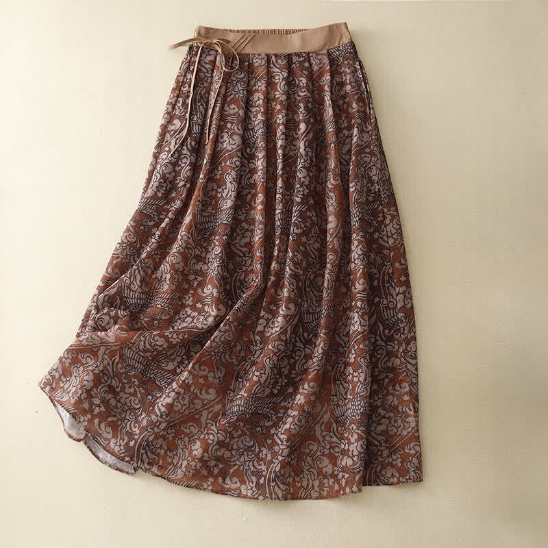 Buddha Stones Jupes d'été pour femmes, à lacets, imprimé floral et cordon de serrage, avec poches - Bordeaux - US12，UK/AU16，EU44 (2XL) - image 0