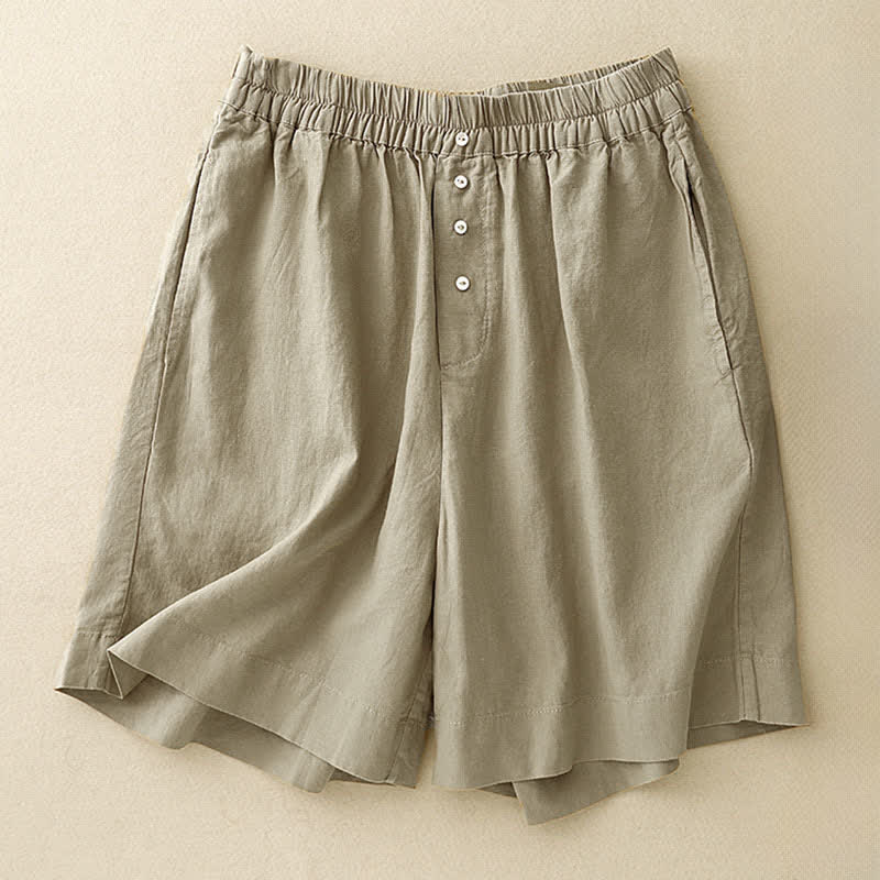 Buddha Stones Short d'été minimaliste à boutons, taille élastique, uni, avec poches, pour femme - Kaki foncé - US12，UK/AU16，EU44 (2XL) - image 0