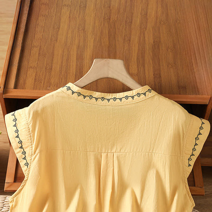 Buddha Stones Chemises d'été boutonnées à col rond pour femmes sans manches - image 2