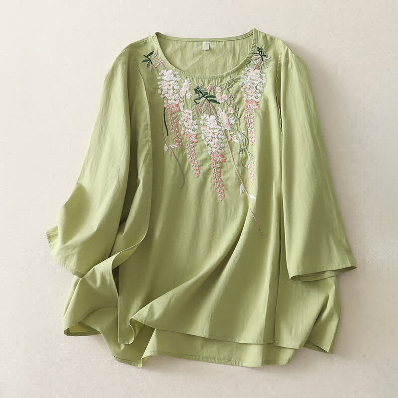 Buddha Stones Chemises à manches trois-quarts pour femmes, brodées et fendues sur le côté, à motif floral printanier - Blanc - US8-10，UK/AU12-14，EU40-42 (2XL) - image 0