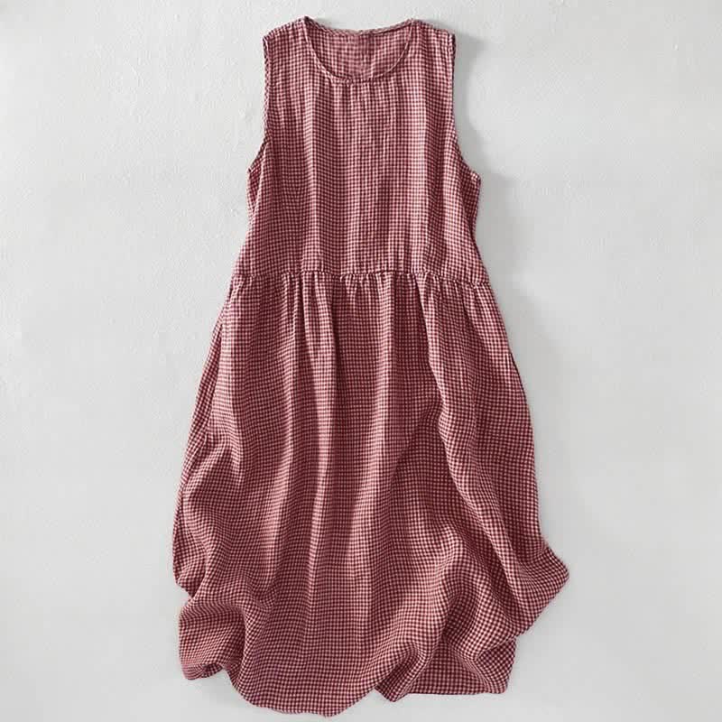 Buddha Stones Robe d'été décontractée à carreaux en coton pour femme, sans manches et avec poches - image 5