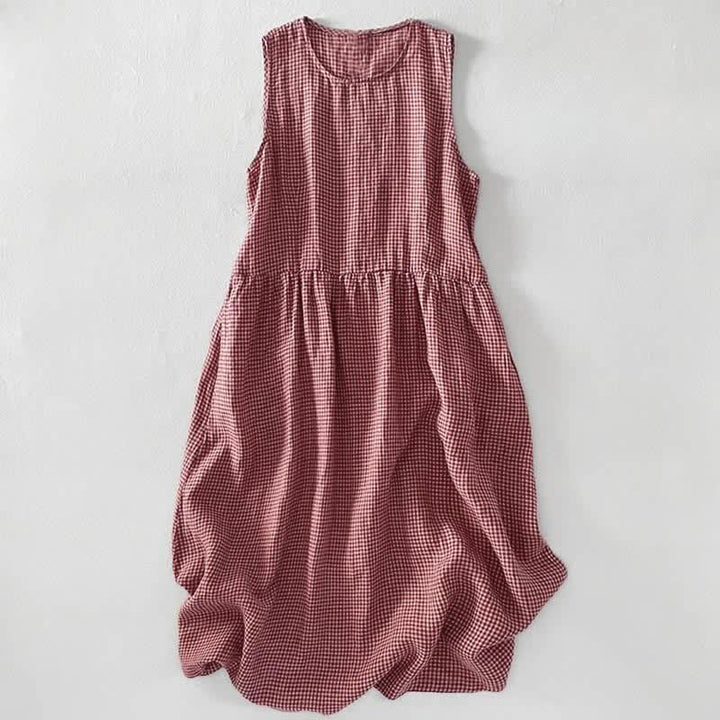 Buddha Stones Robe d'été décontractée à carreaux en coton pour femme, sans manches et avec poches - image 5