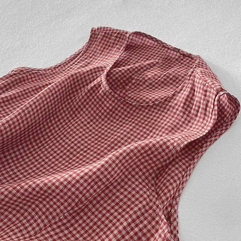 Buddha Stones Robe d'été décontractée à carreaux en coton pour femme, sans manches et avec poches - image 6