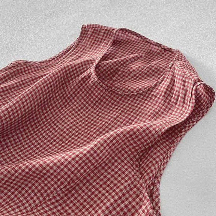 Buddha Stones Robe d'été décontractée à carreaux en coton pour femme, sans manches et avec poches - image 6