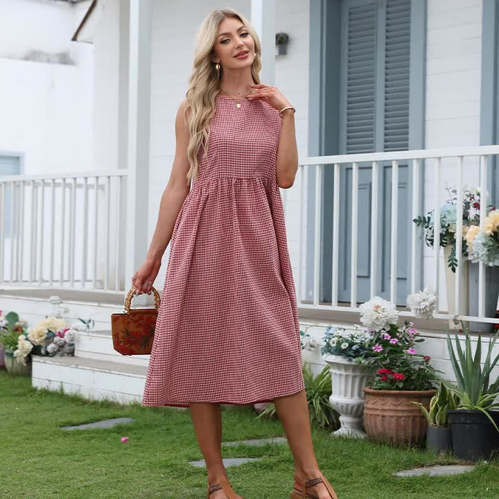 Buddha Stones Robe d'été décontractée à carreaux en coton pour femme, sans manches et avec poches - image 4