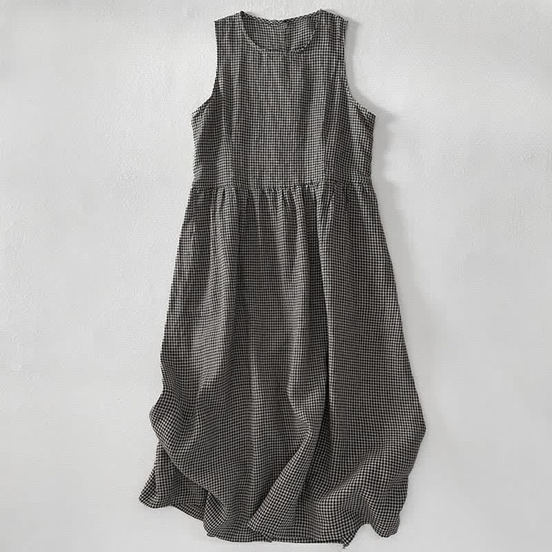 Buddha Stones Robe d'été décontractée à carreaux en coton pour femme, sans manches et avec poches - image 10