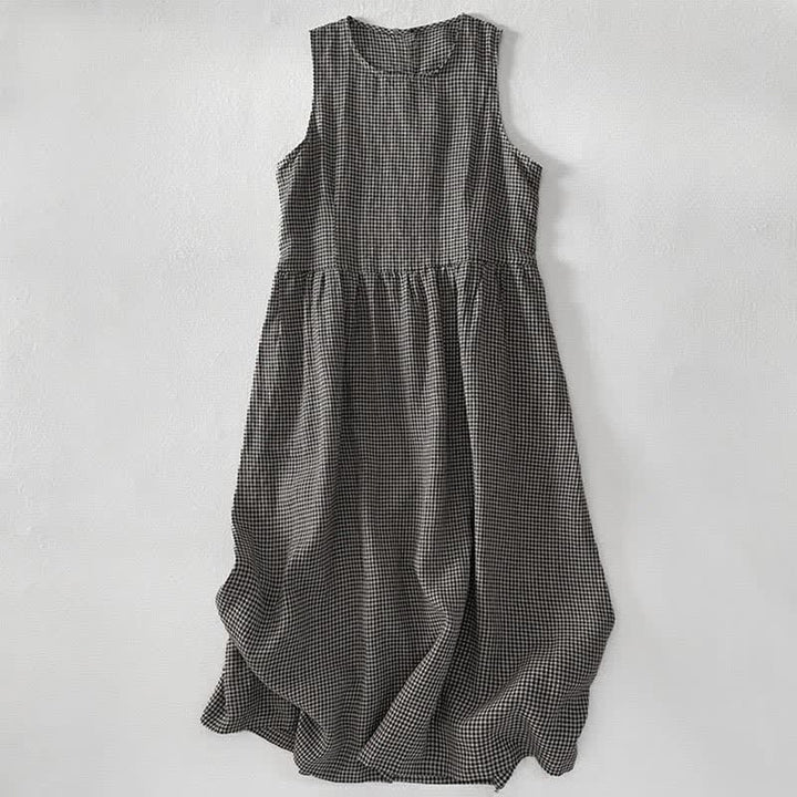 Buddha Stones Robe d'été décontractée à carreaux en coton pour femme, sans manches et avec poches - image 10
