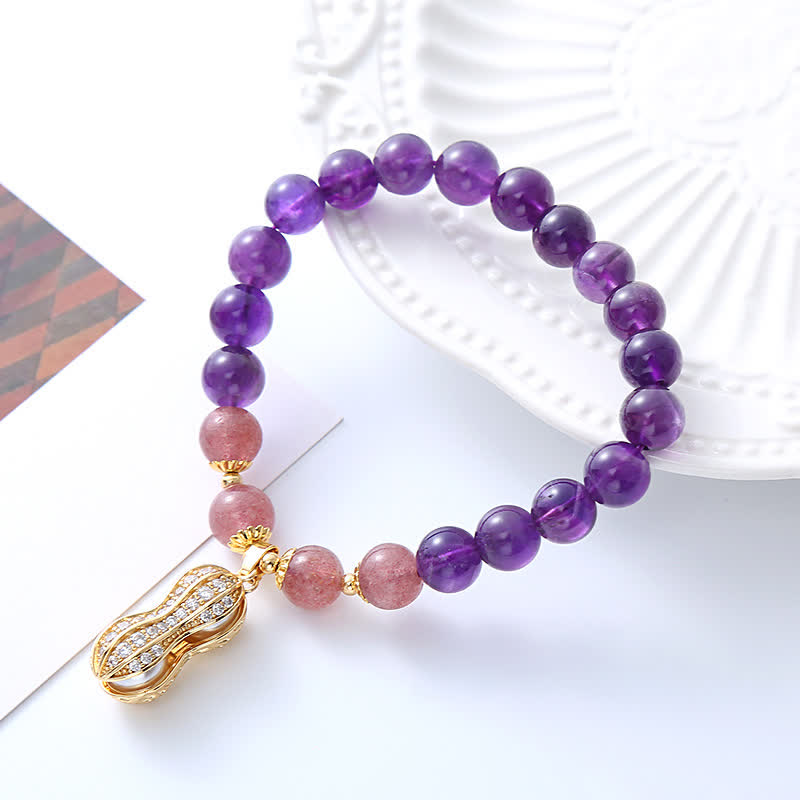 Buddha Stones Bracelet en améthyste naturelle, quartz fraise et cacahuètes, symbole de positivité et de bonnes choses qui arrivent - image 2