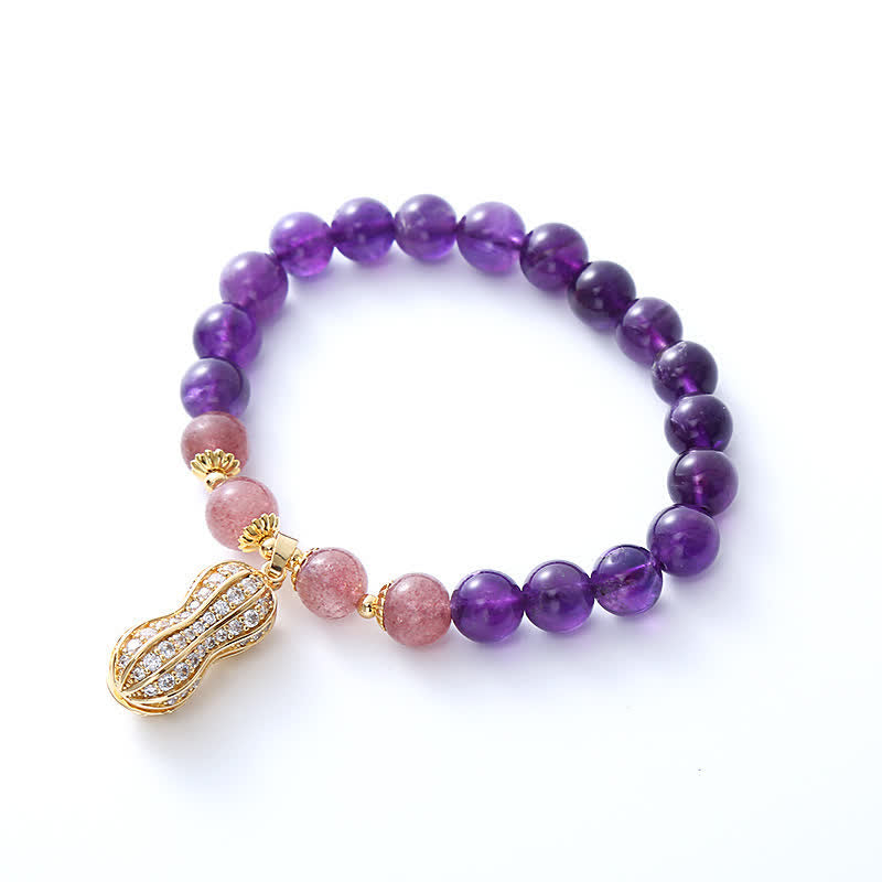 Buddha Stones Bracelet en améthyste naturelle, quartz fraise et cacahuètes, symbole de positivité et de bonnes choses qui arrivent - image 4