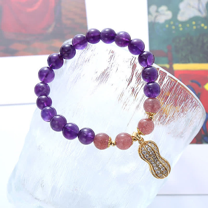 Buddha Stones Bracelet en améthyste naturelle, quartz fraise et cacahuètes, symbole de positivité et de bonnes choses qui arrivent - image 3