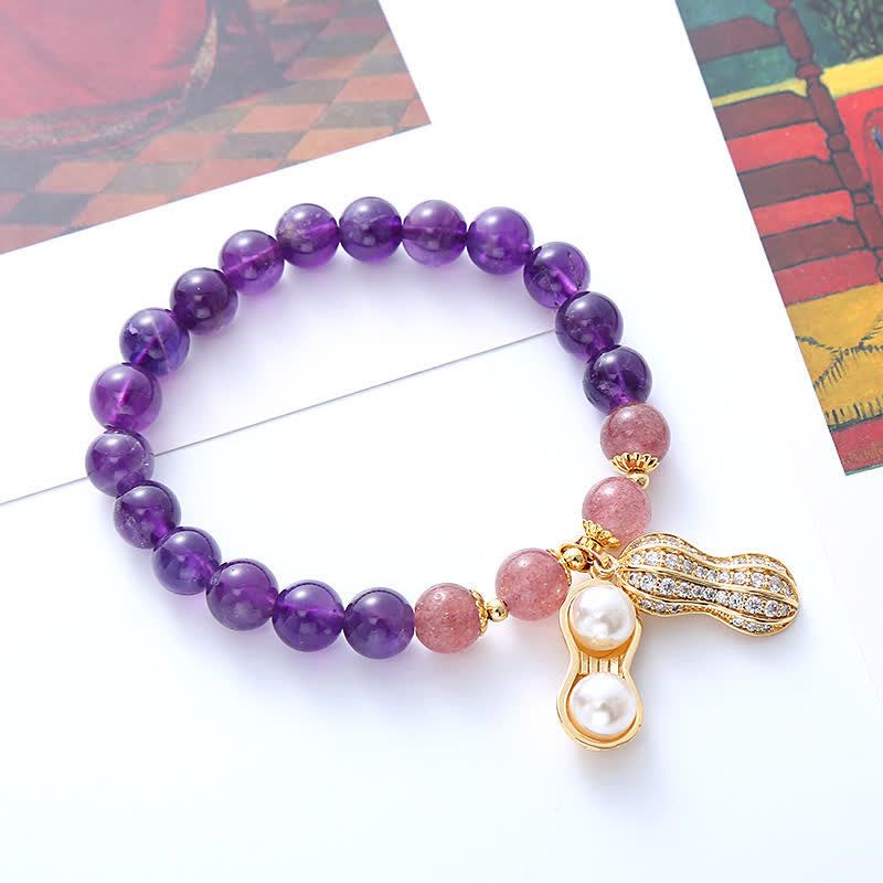 Buddha Stones Bracelet en améthyste naturelle, quartz fraise et cacahuètes, symbole de positivité et de bonnes choses qui arrivent - Améthyste (Tour de poignet 15-16 cm) - image 0
