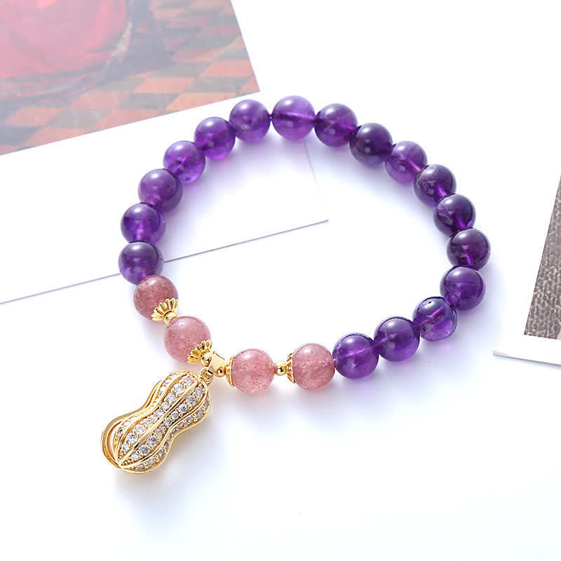 Buddha Stones Bracelet en améthyste naturelle, quartz fraise et cacahuètes, symbole de positivité et de bonnes choses qui arrivent - image 1