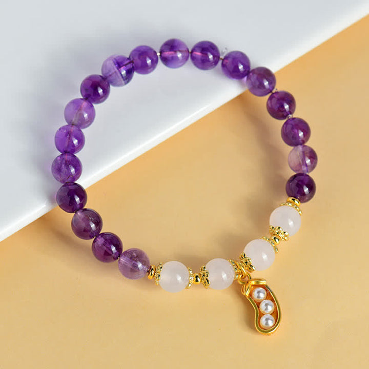 Buddha Stones Bracelet spirituel en améthyste naturelle et agate blanche, symbole de bonnes choses qui arrivent - Améthyste (Tour de poignet 15-16 cm) - image 0