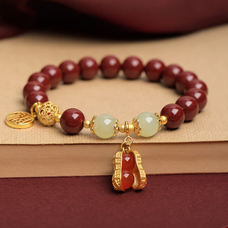 Buddha Stones Bracelet porte-bonheur Fu Character Peanut en cinabre naturel, orné d'une cacahuète et symbole de prospérité. - image 2