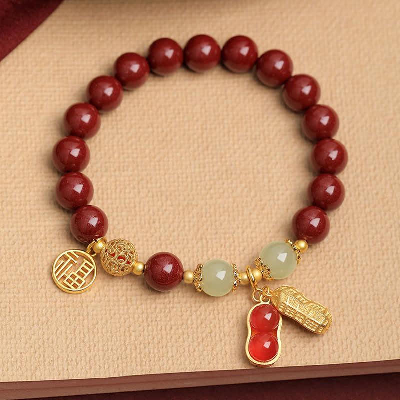 Buddha Stones Bracelet porte-bonheur Fu Character Peanut en cinabre naturel, orné d'une cacahuète et symbole de prospérité. - image 1