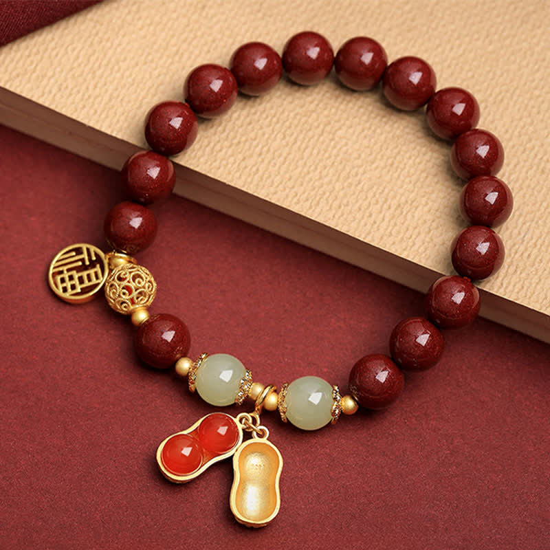 Buddha Stones Bracelet porte-bonheur Fu Character Peanut en cinabre naturel, orné d'une cacahuète et symbole de prospérité. - Cinabre (Tour de poignet 15-16 cm) - image 0