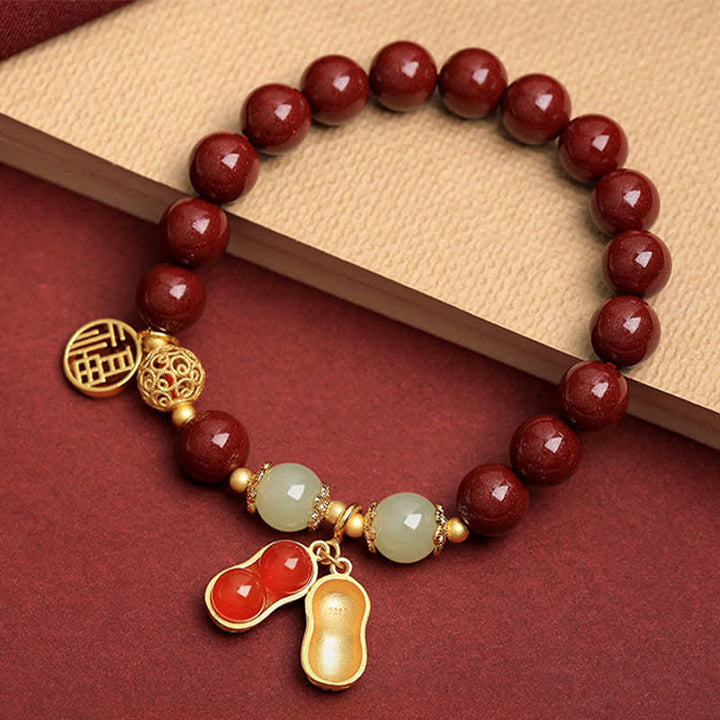 Buddha Stones Bracelet porte-bonheur Fu Character Peanut en cinabre naturel, orné d'une cacahuète et symbole de prospérité. - Cinabre (Tour de poignet 15-16 cm) - image 0
