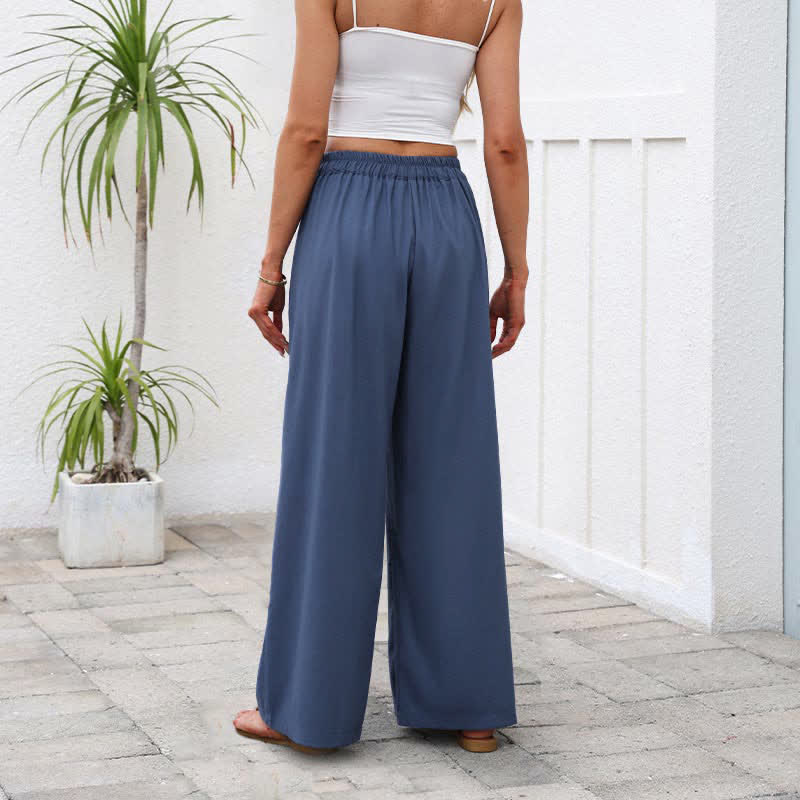 Buddha Stones Pantalon large taille haute pour femme, en coton et lin uni, avec poches - image 3