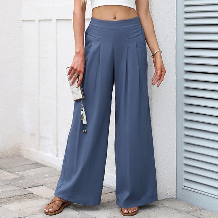 Buddha Stones Pantalon large taille haute pour femme, en coton et lin uni, avec poches - SteelBlue - US16，UK/AU20，EU48 (3XL) - image 0