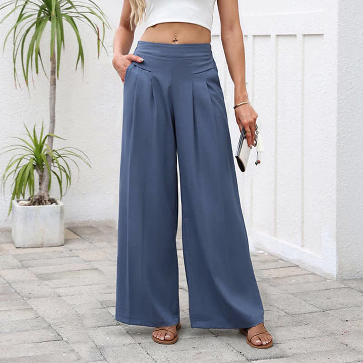 Buddha Stones Pantalon large taille haute pour femme, en coton et lin uni, avec poches - image 1