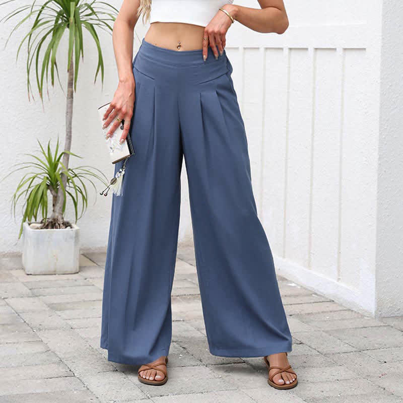 Buddha Stones Pantalon large taille haute pour femme, en coton et lin uni, avec poches - image 4