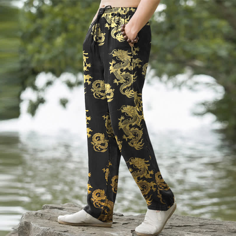Buddha Stones Pantalon fuselé pour homme en coton à motif dragon doré avec poches - image 1