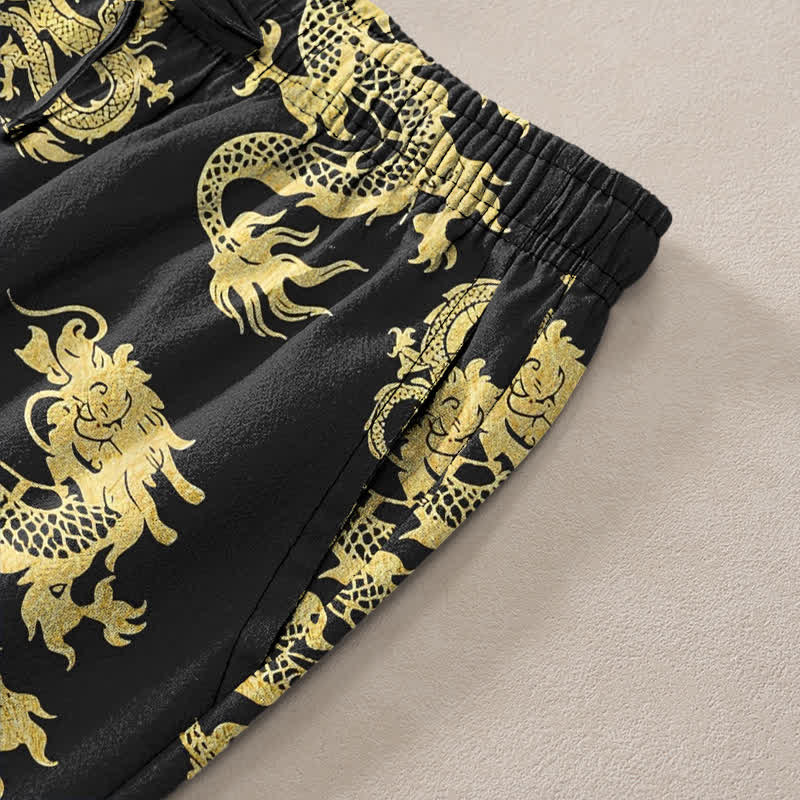 Buddha Stones Pantalon fuselé pour homme en coton à motif dragon doré avec poches - image 3