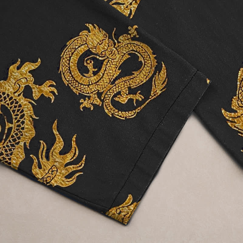 Buddha Stones Pantalon fuselé pour homme en coton à motif dragon doré avec poches - image 2