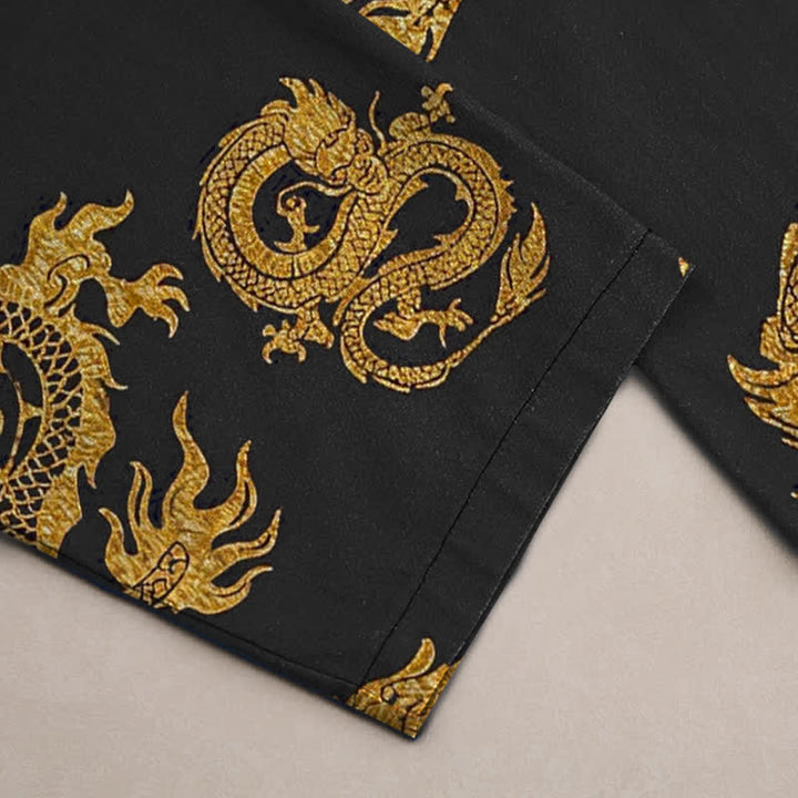 Buddha Stones Pantalon fuselé pour homme en coton à motif dragon doré avec poches - image 2
