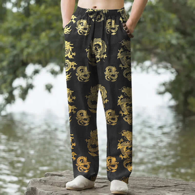 Buddha Stones Pantalon fuselé pour homme en coton à motif dragon doré avec poches - Noir - US/UK/AU50，EU60 (5XL) - image 0