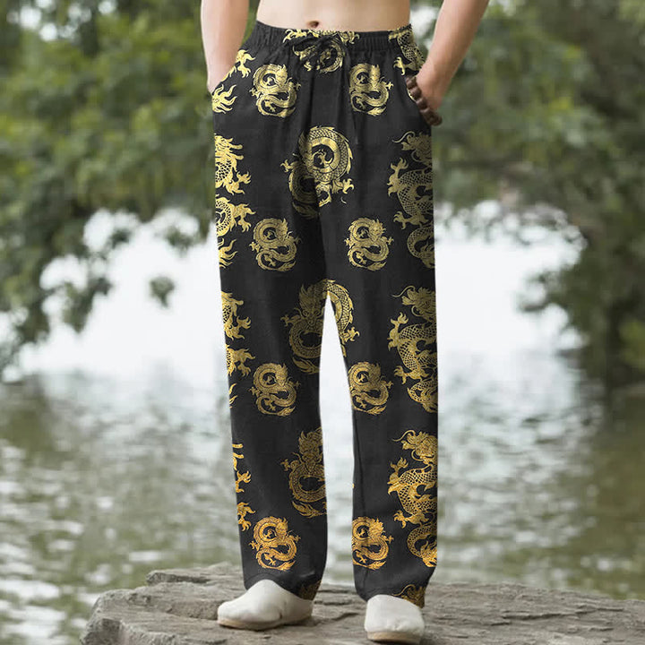 Buddha Stones Pantalon fuselé pour homme en coton à motif dragon doré avec poches - Noir - US/UK/AU50，EU60 (5XL) - image 0