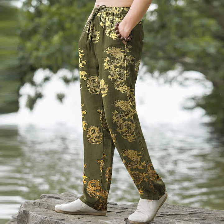 Buddha Stones Pantalon fuselé pour homme en coton à motif dragon doré avec poches - image 7